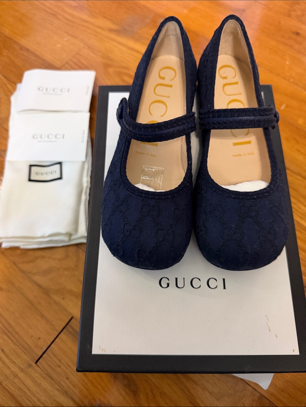 Gucci Kids Navy GG Jacquard Mary Jane Flats size 29